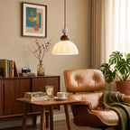Fluted Ceramic Dome Oak Accent Pendant Light