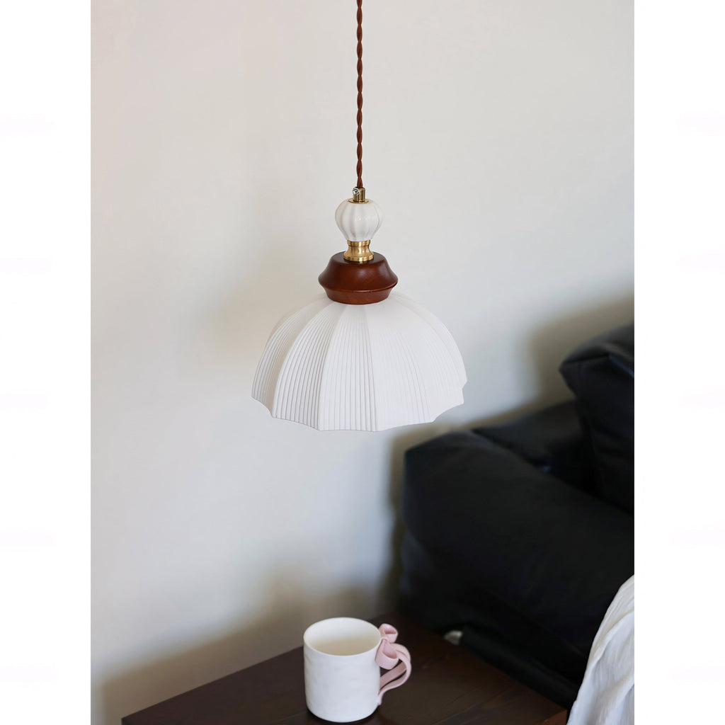 Fluted Ceramic Dome Oak Accent Pendant Light