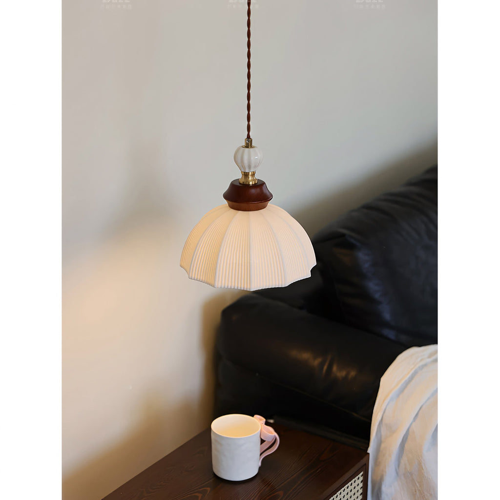 Fluted Ceramic Dome Oak Accent Pendant Light