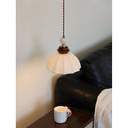 Fluted Ceramic Dome Oak Accent Pendant Light