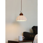 Fluted Ceramic Dome Oak Accent Pendant Light