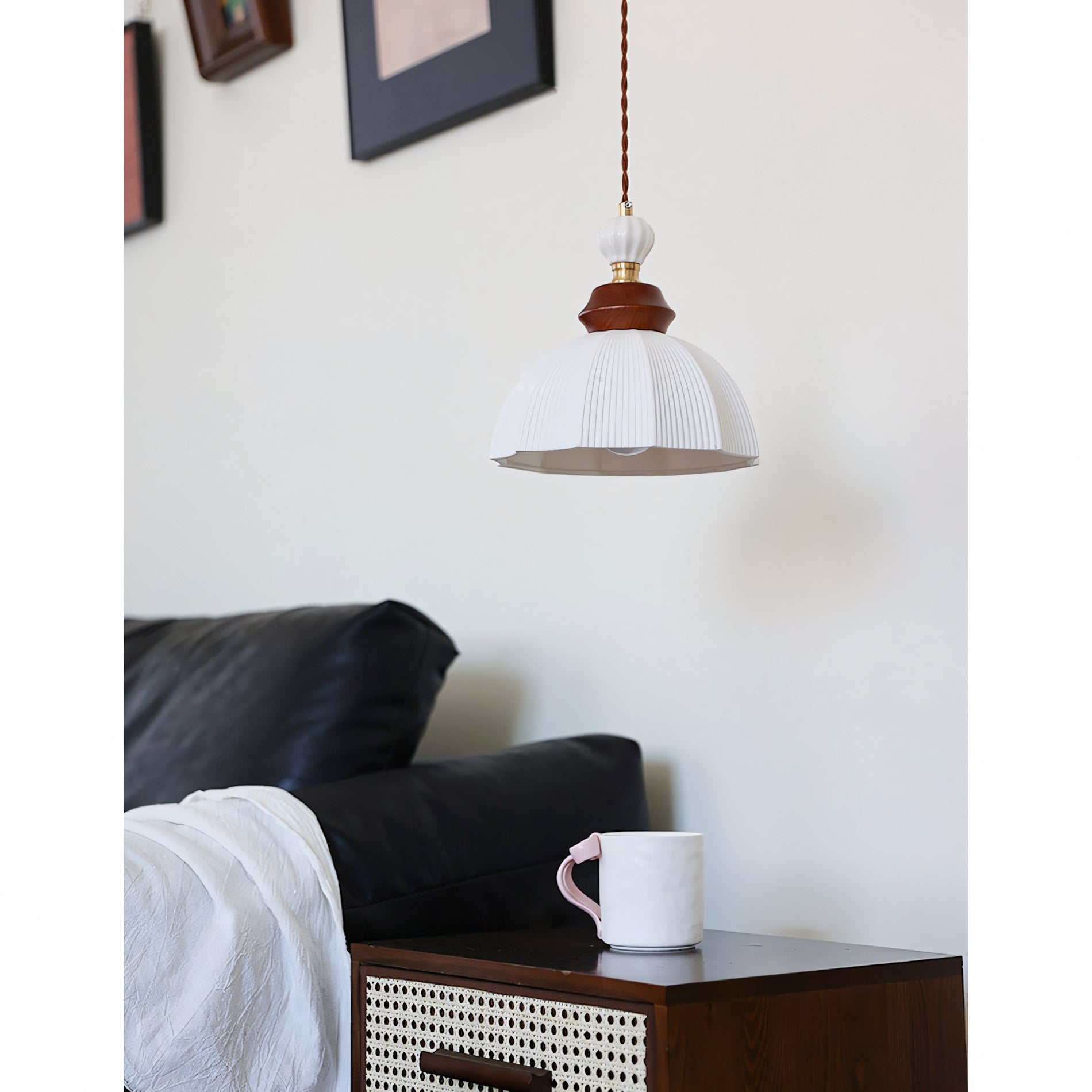 Fluted Ceramic Dome Oak Accent Pendant Light