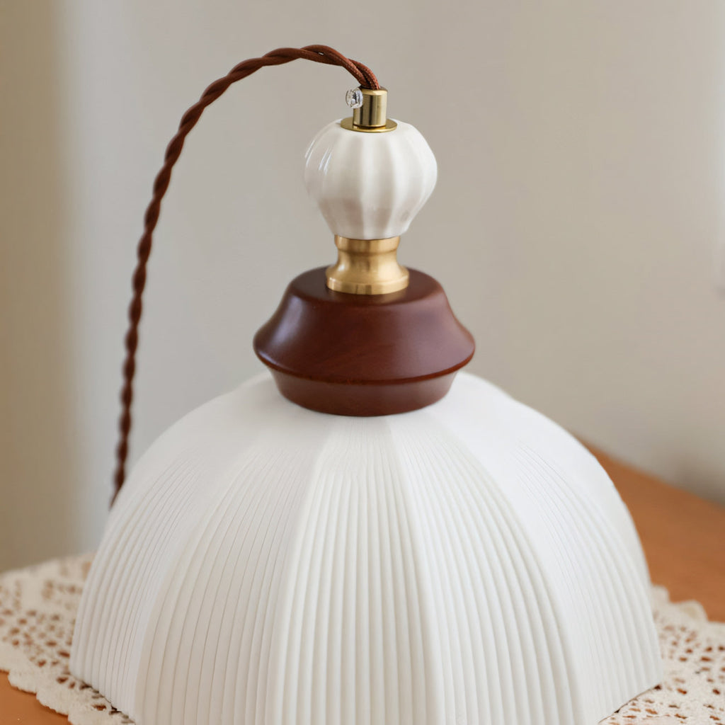 Fluted Ceramic Dome Oak Accent Pendant Light
