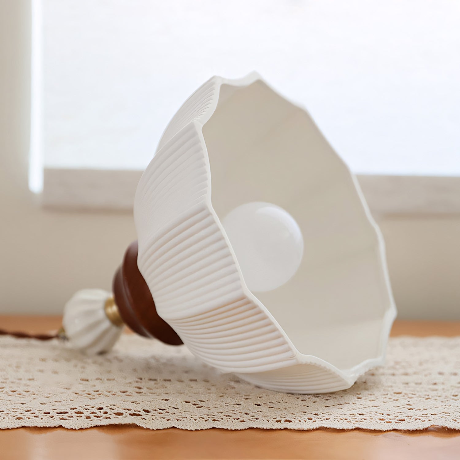 Fluted Ceramic Dome Oak Accent Pendant Light