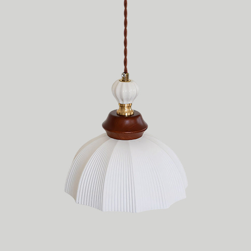 Fluted Ceramic Dome Oak Accent Pendant Light