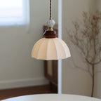 Fluted Ceramic Dome Oak Accent Pendant Light