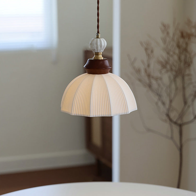 Fluted Ceramic Dome Oak Accent Pendant Light