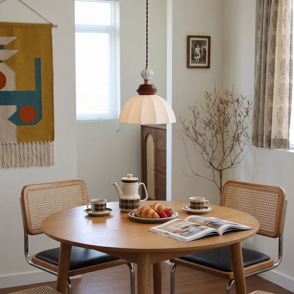 Fluted Ceramic Dome Oak Accent Pendant Light