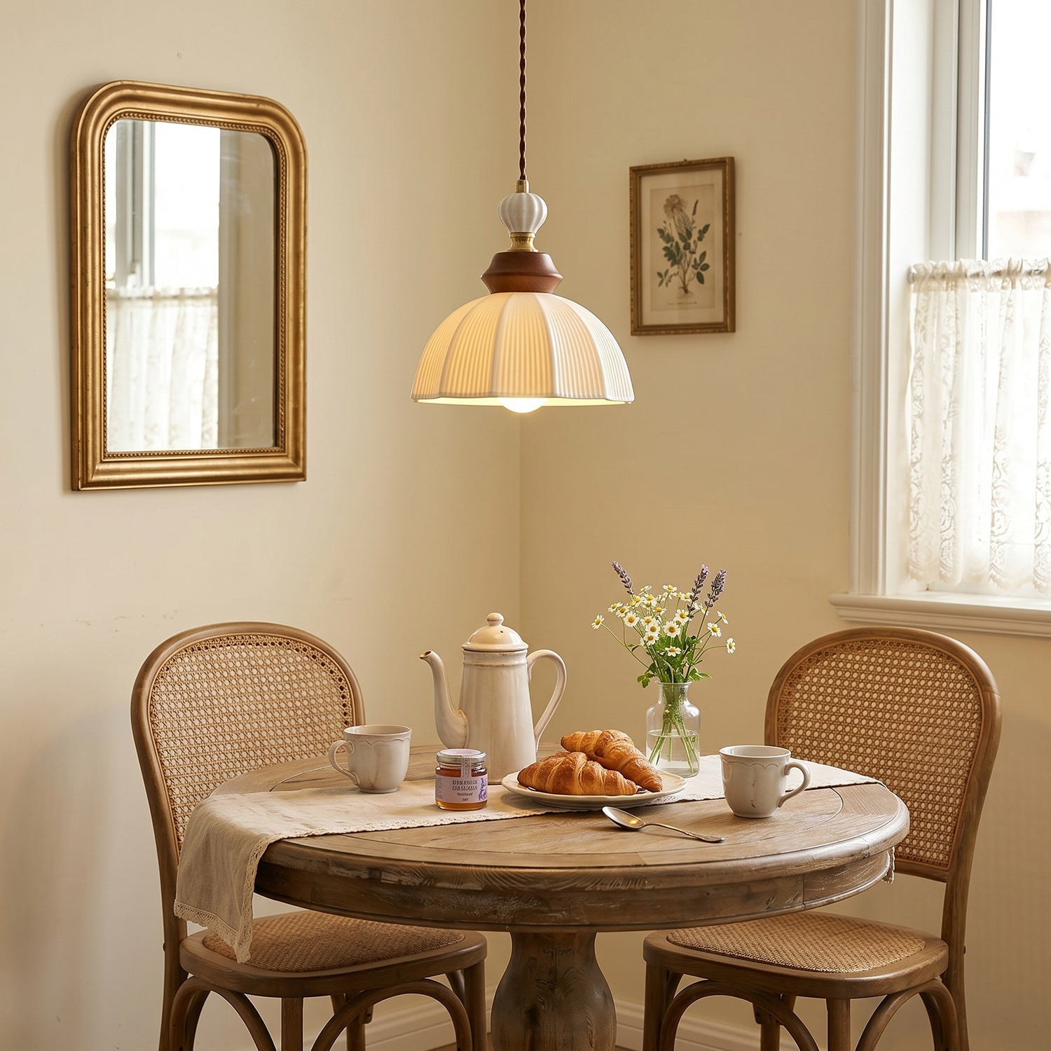 Fluted Ceramic Dome Oak Accent Pendant Light