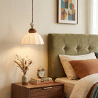 Fluted Ceramic Dome Oak Accent Pendant Light