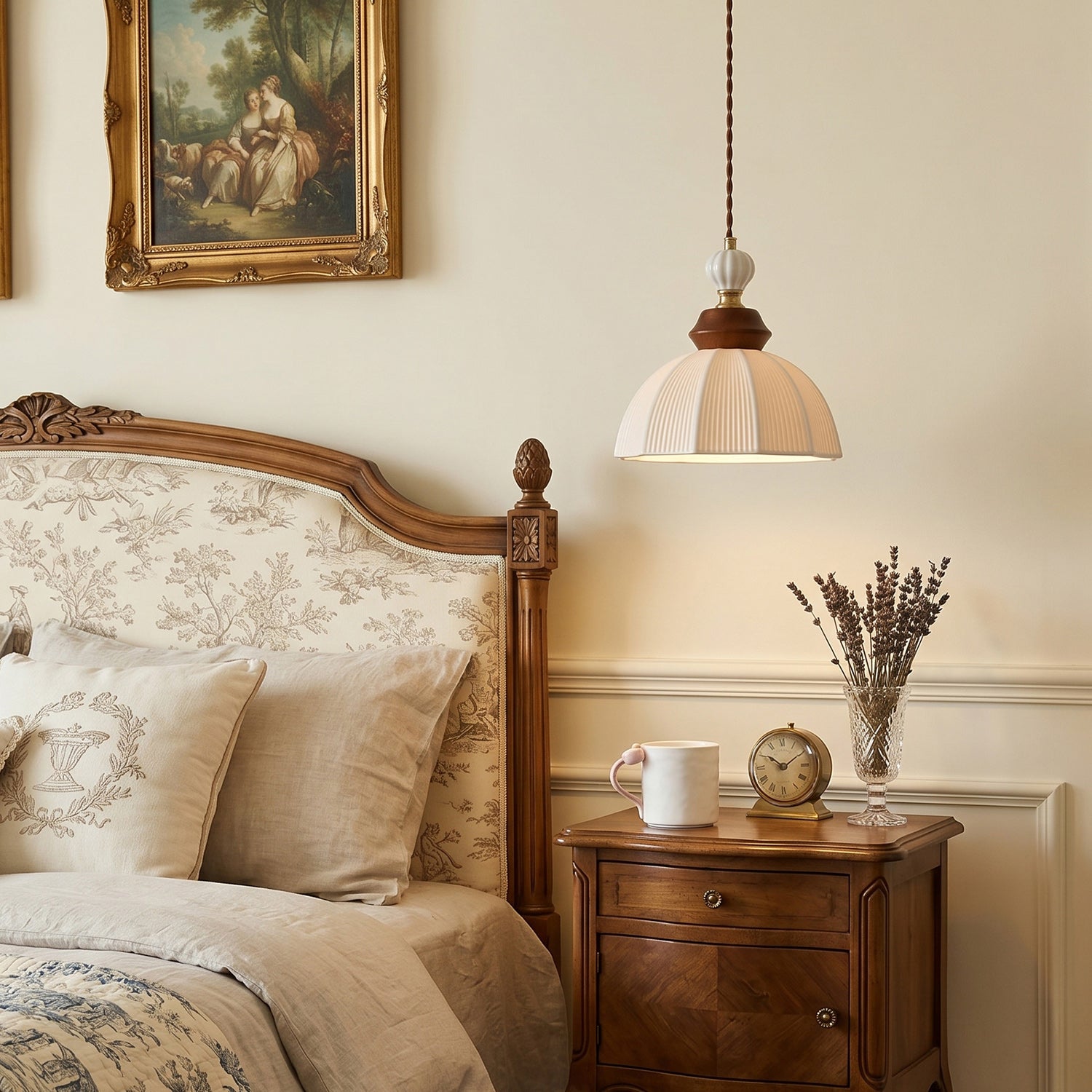 Fluted Ceramic Dome Oak Accent Pendant Light