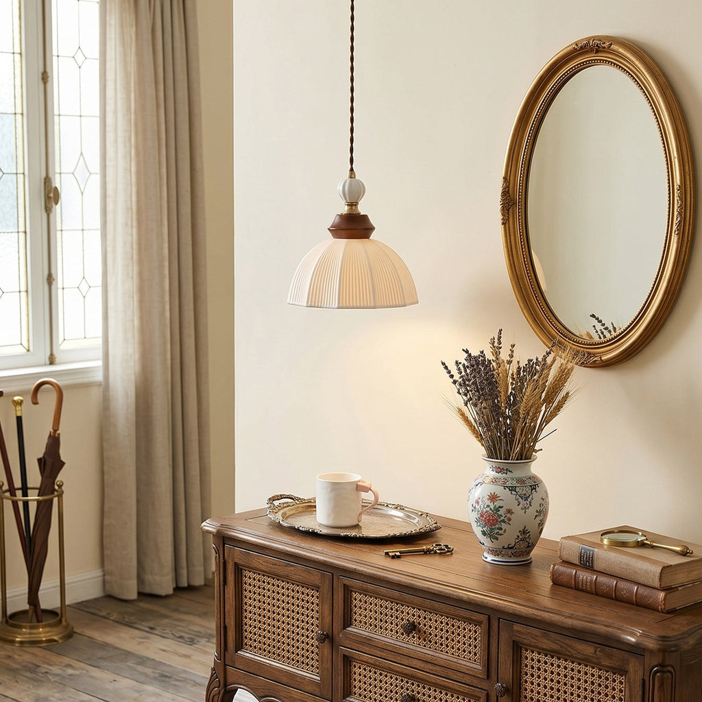 Fluted Ceramic Dome Oak Accent Pendant Light