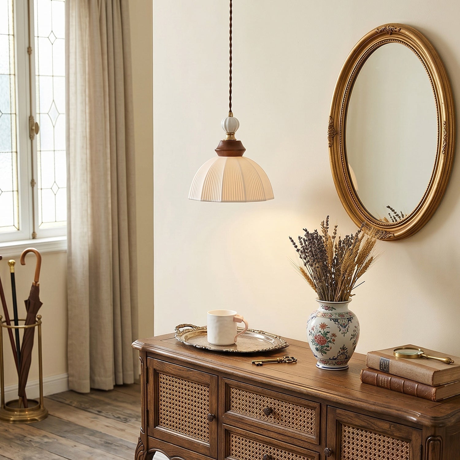 Fluted Ceramic Dome Oak Accent Pendant Light