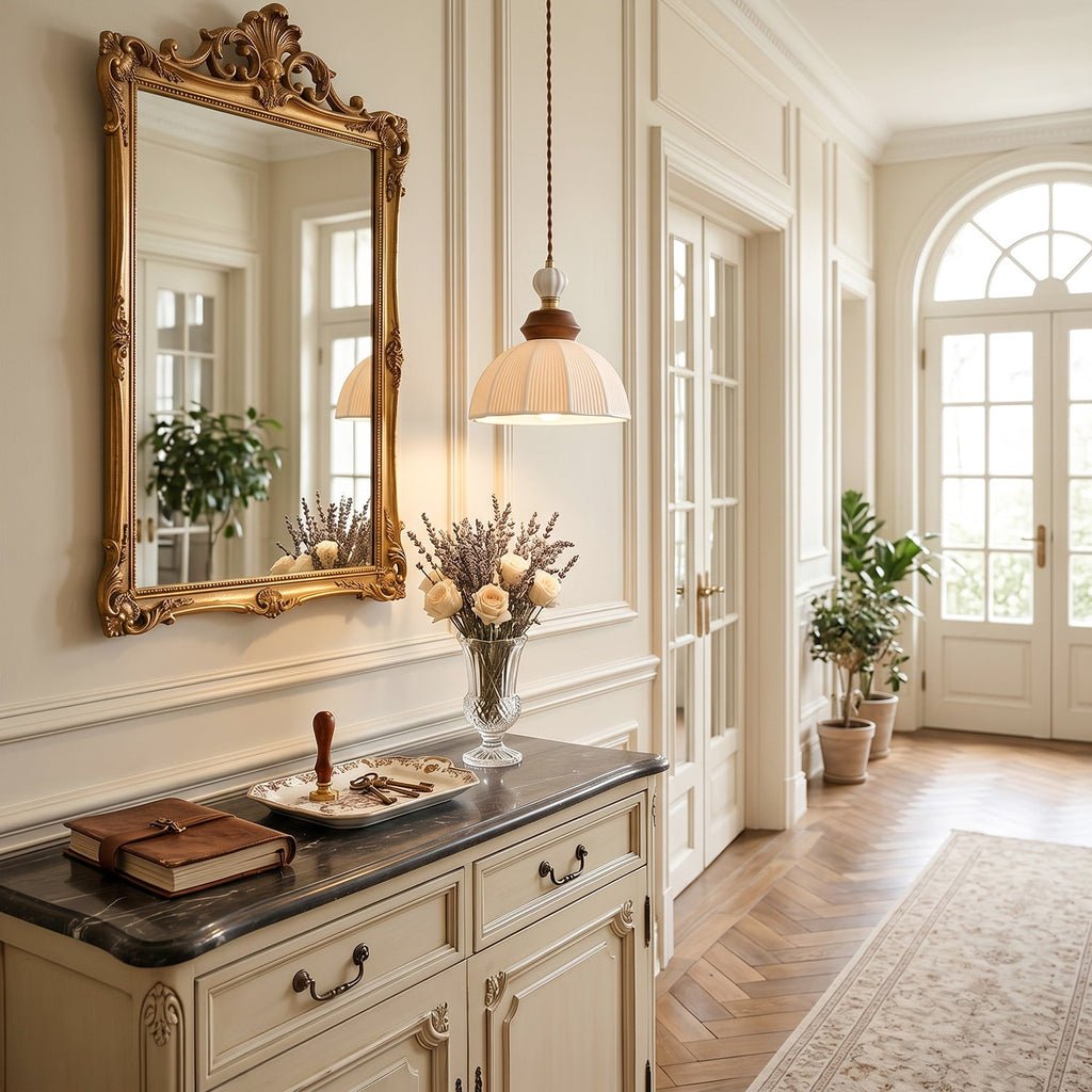 Fluted Ceramic Dome Oak Accent Pendant Light