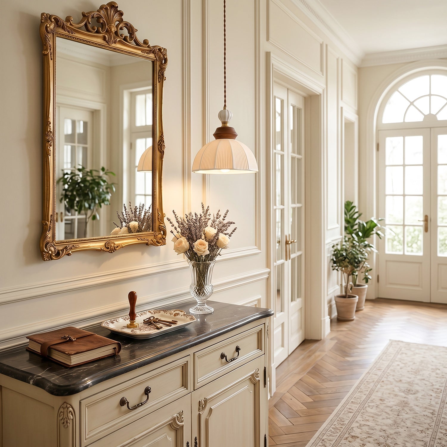 Fluted Ceramic Dome Oak Accent Pendant Light