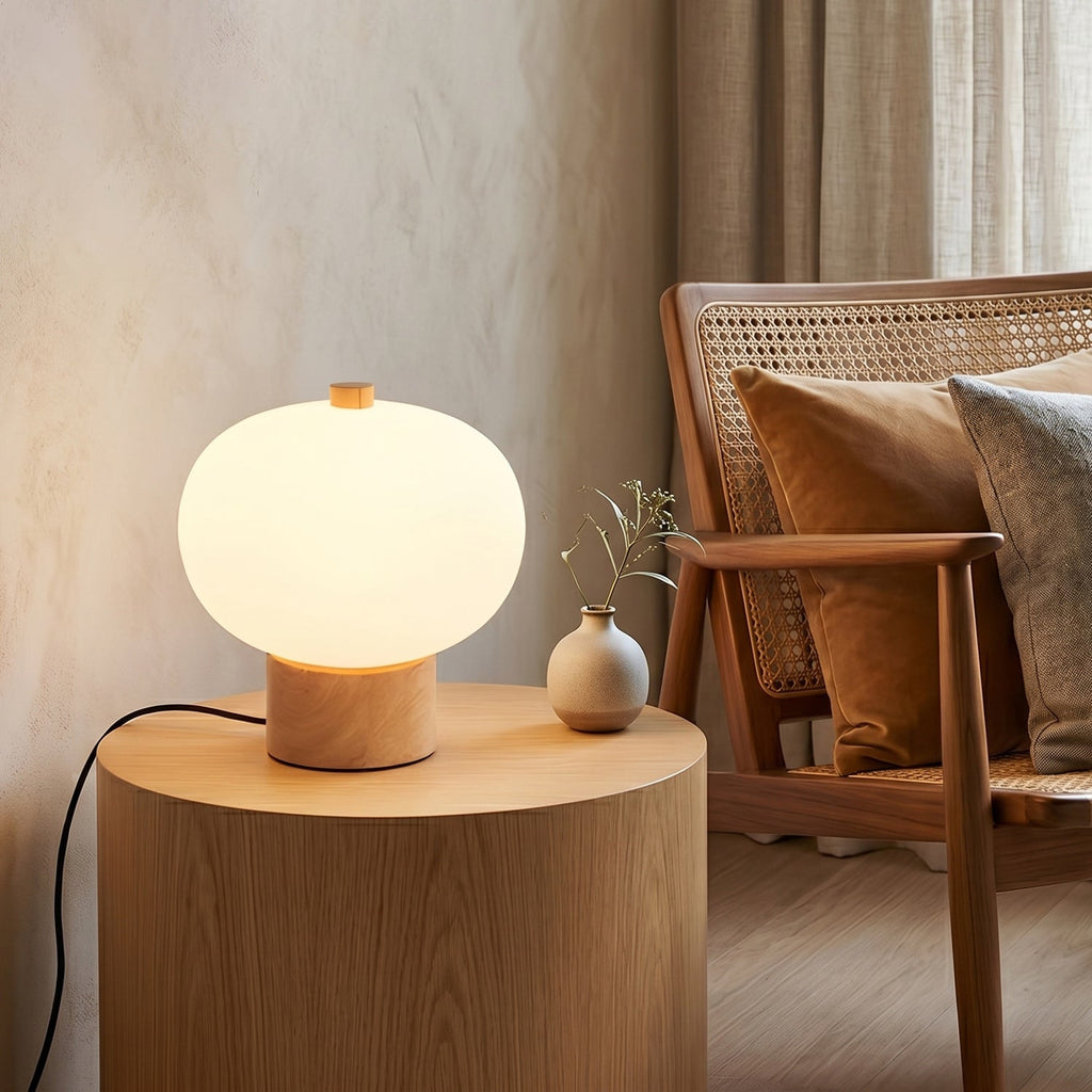 Opal Glass Pebble Wood Base Table Lamp