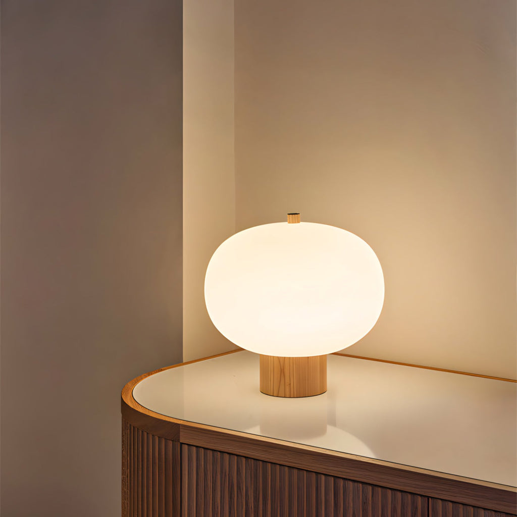 Opal Glass Pebble Wood Base Table Lamp