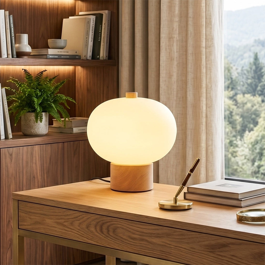 Opal Glass Pebble Wood Base Table Lamp
