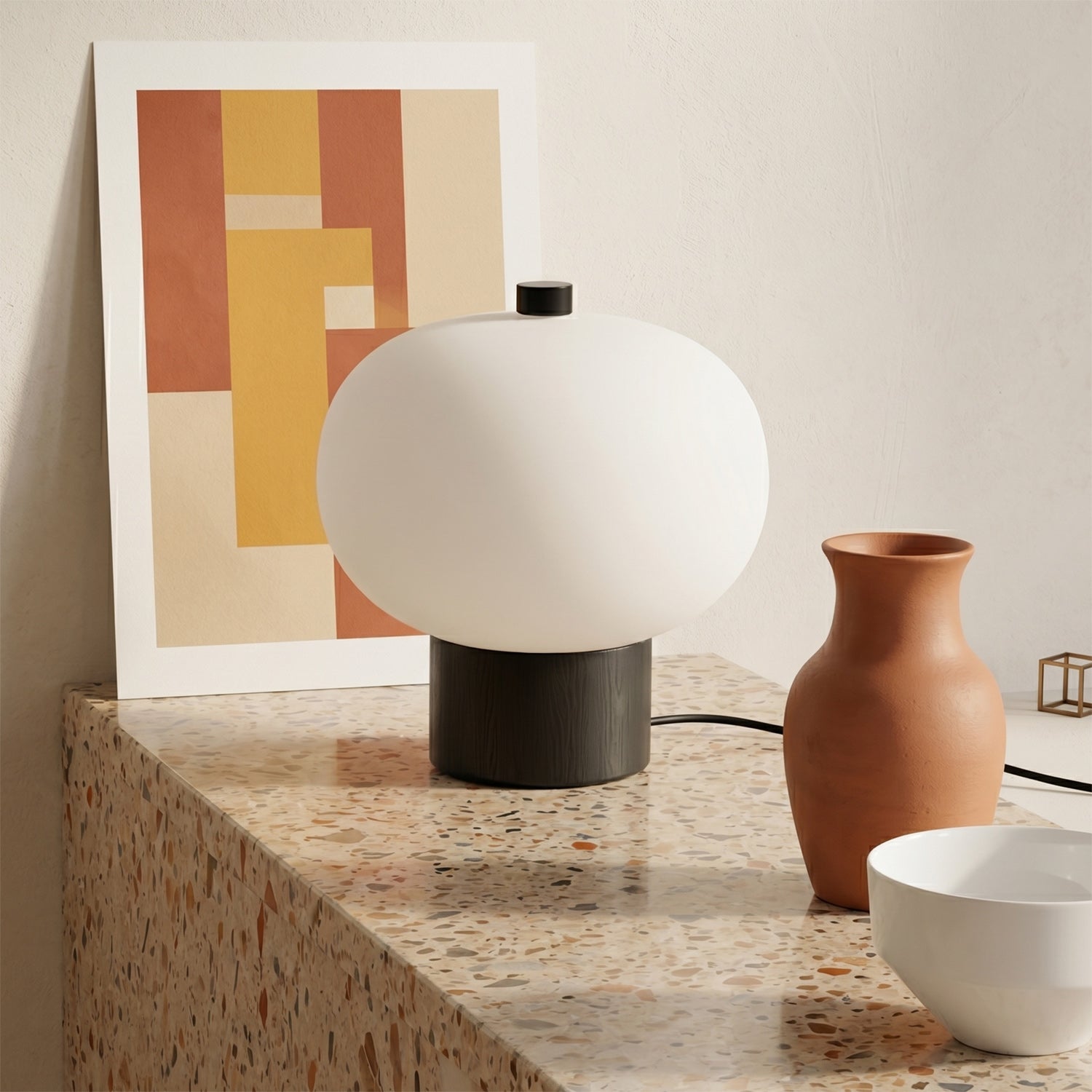 Opal Glass Pebble Wood Base Table Lamp