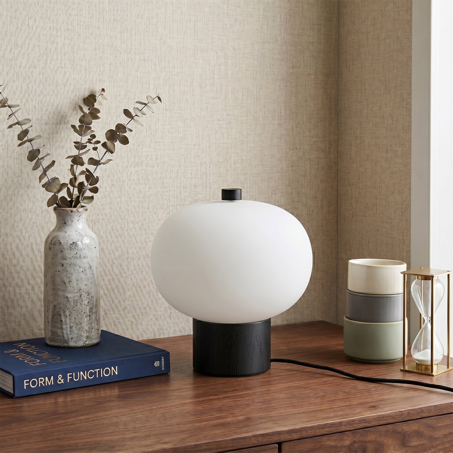 Opal Glass Pebble Wood Base Table Lamp