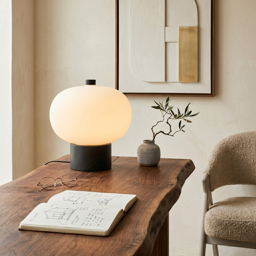 Opal Glass Pebble Wood Base Table Lamp