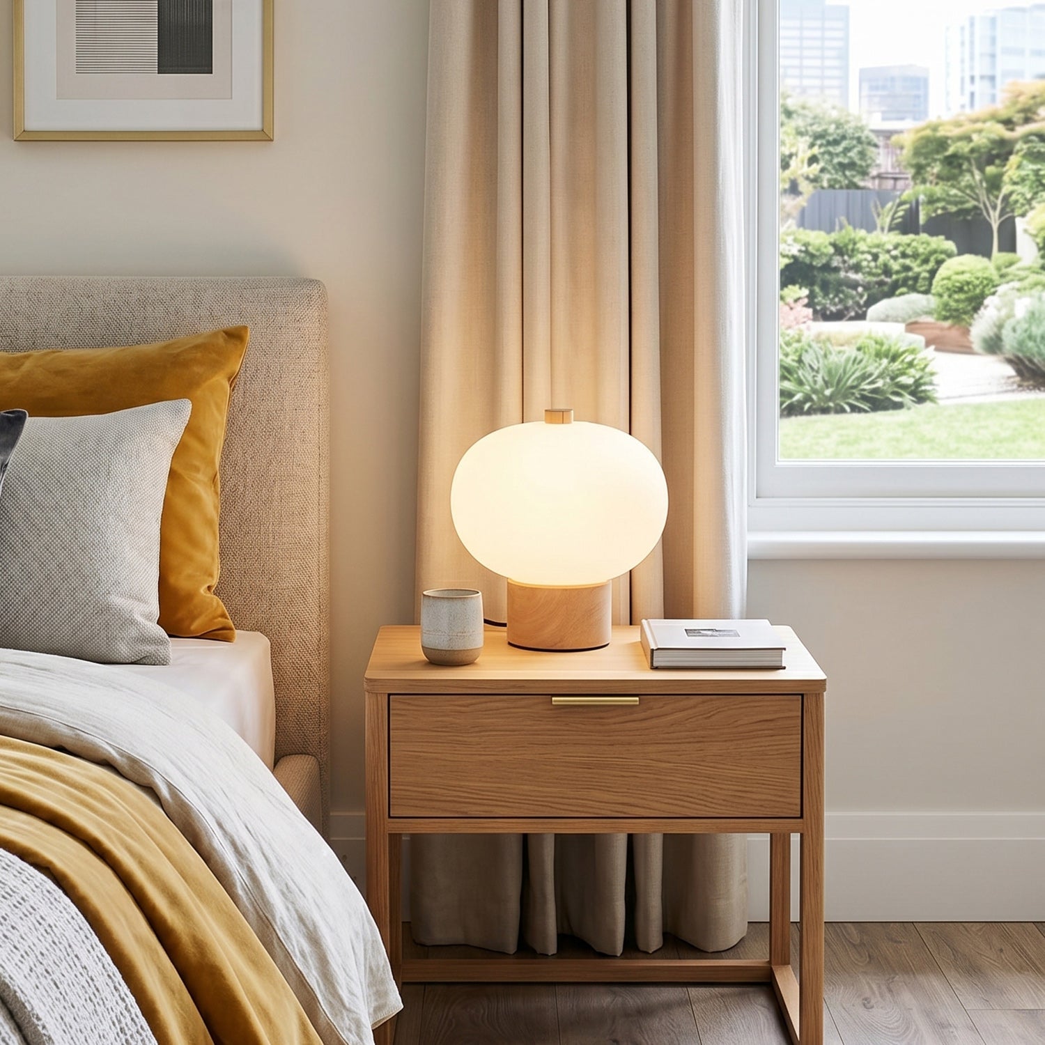Opal Glass Pebble Wood Base Table Lamp