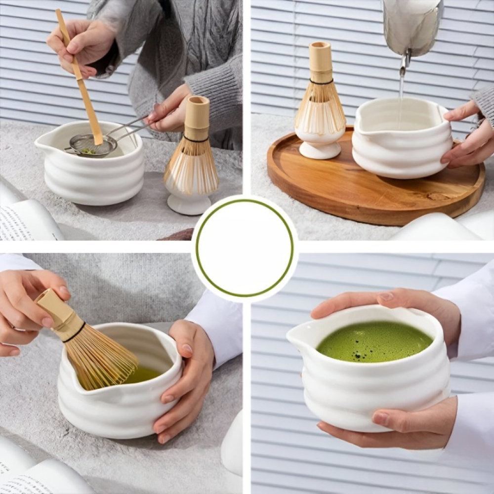 Shioren – White Matcha Tea Set 5 Pieces with Ceramic Bowl 460ml and Bamboo Whisk