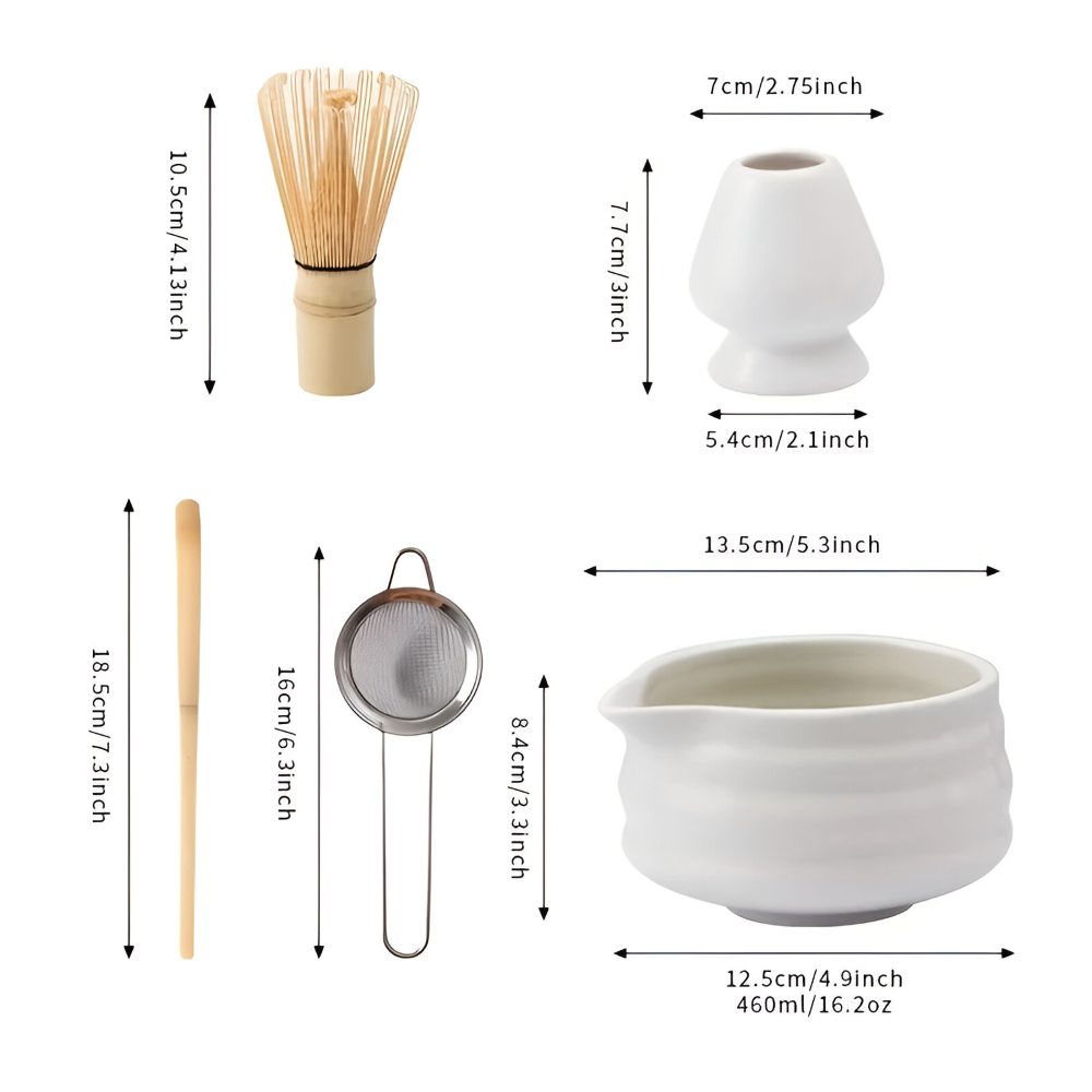 Shioren – White Matcha Tea Set 5 Pieces with Ceramic Bowl 460ml and Bamboo Whisk