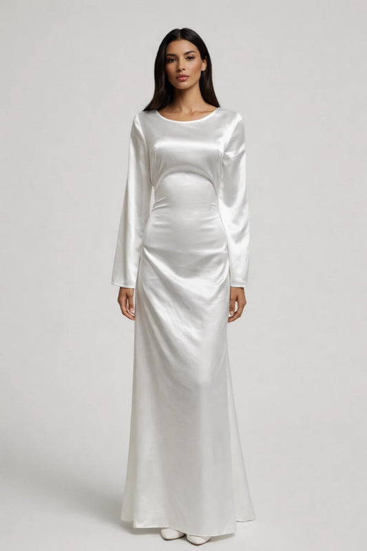 Long Sleeve Satin Maxi Dress with Round Neck