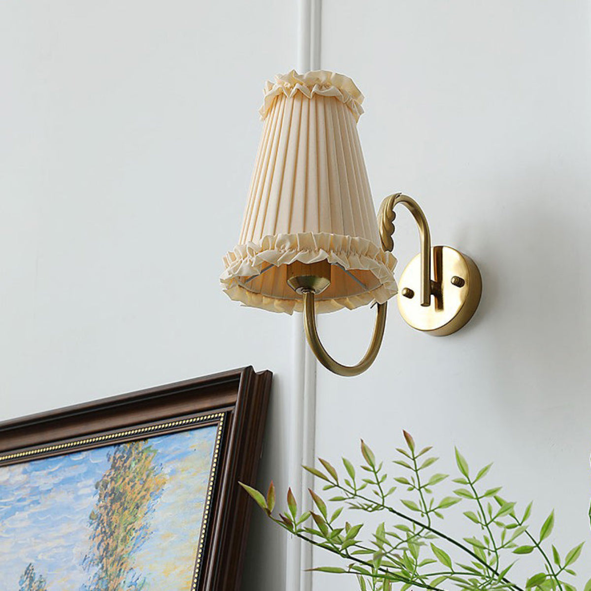 Vintage Gold Fabric Shade Hardwired Wall Lamp