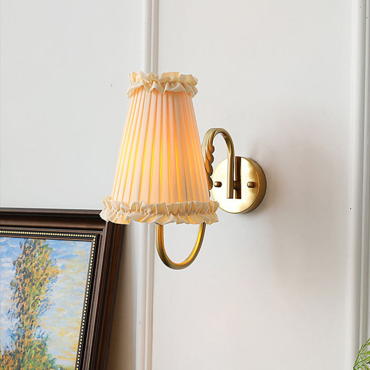 Vintage Gold Fabric Shade Hardwired Wall Lamp