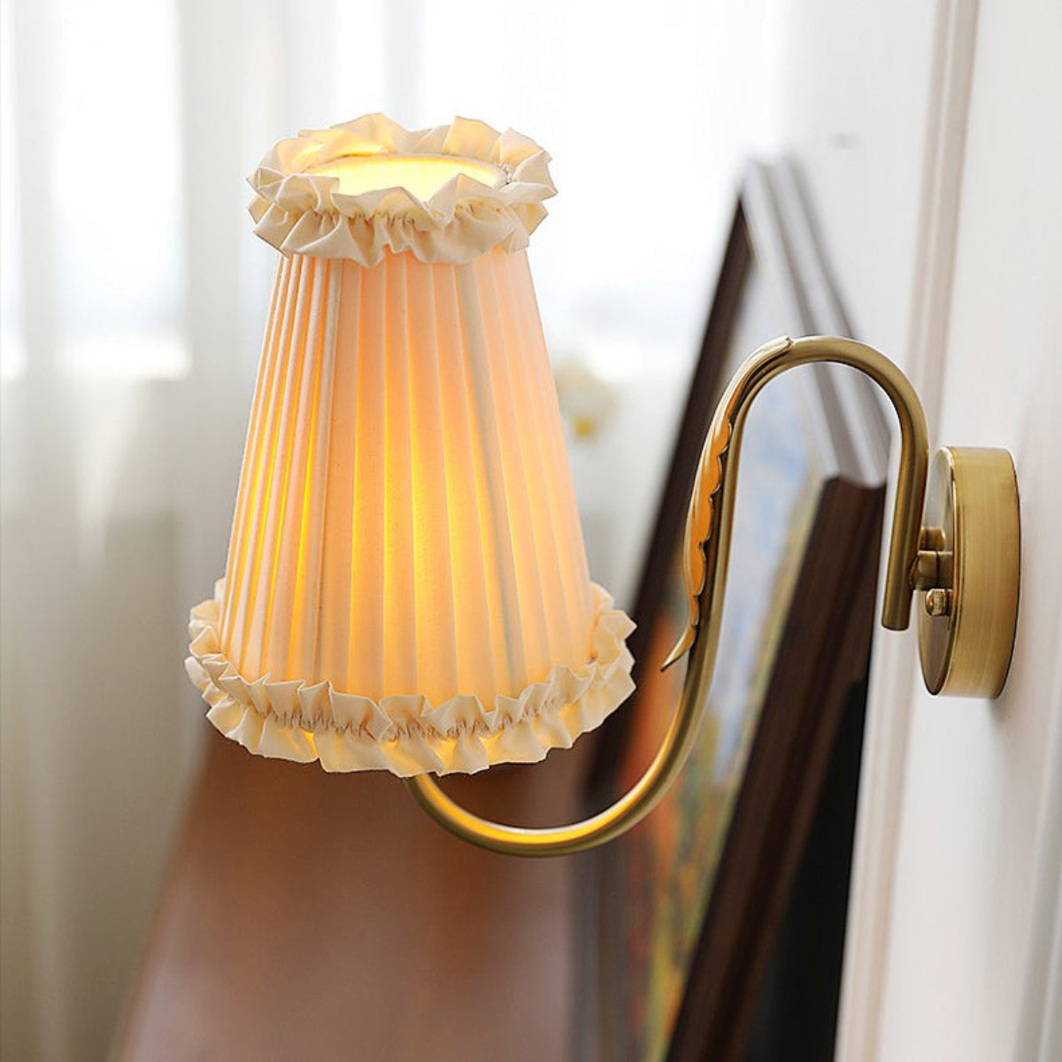 Vintage Gold Fabric Shade Hardwired Wall Lamp