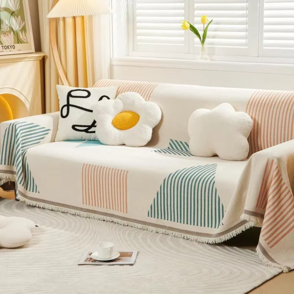 Meringue: Sofa cover in modern chenille design with geometric shapes & non-slip grip – for couch & lounge