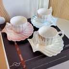 Mermaid-Inspired Tea Cup Set with Iridescent Shell Design – Ceramic Cup and Saucer Set for Coastal Elegance