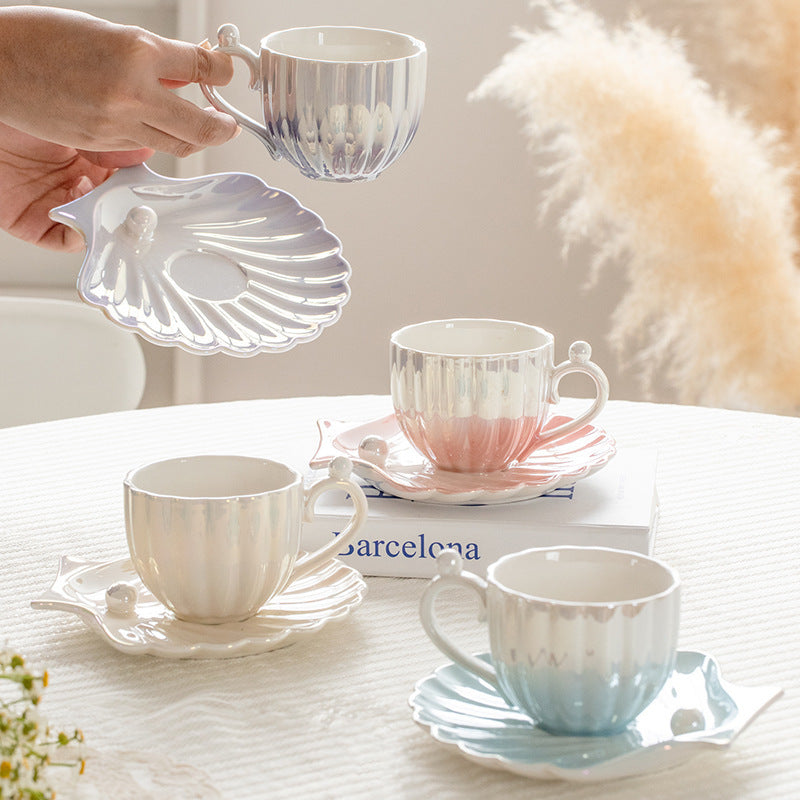 Mermaid-Inspired Tea Cup Set with Iridescent Shell Design – Ceramic Cup and Saucer Set for Coastal Elegance