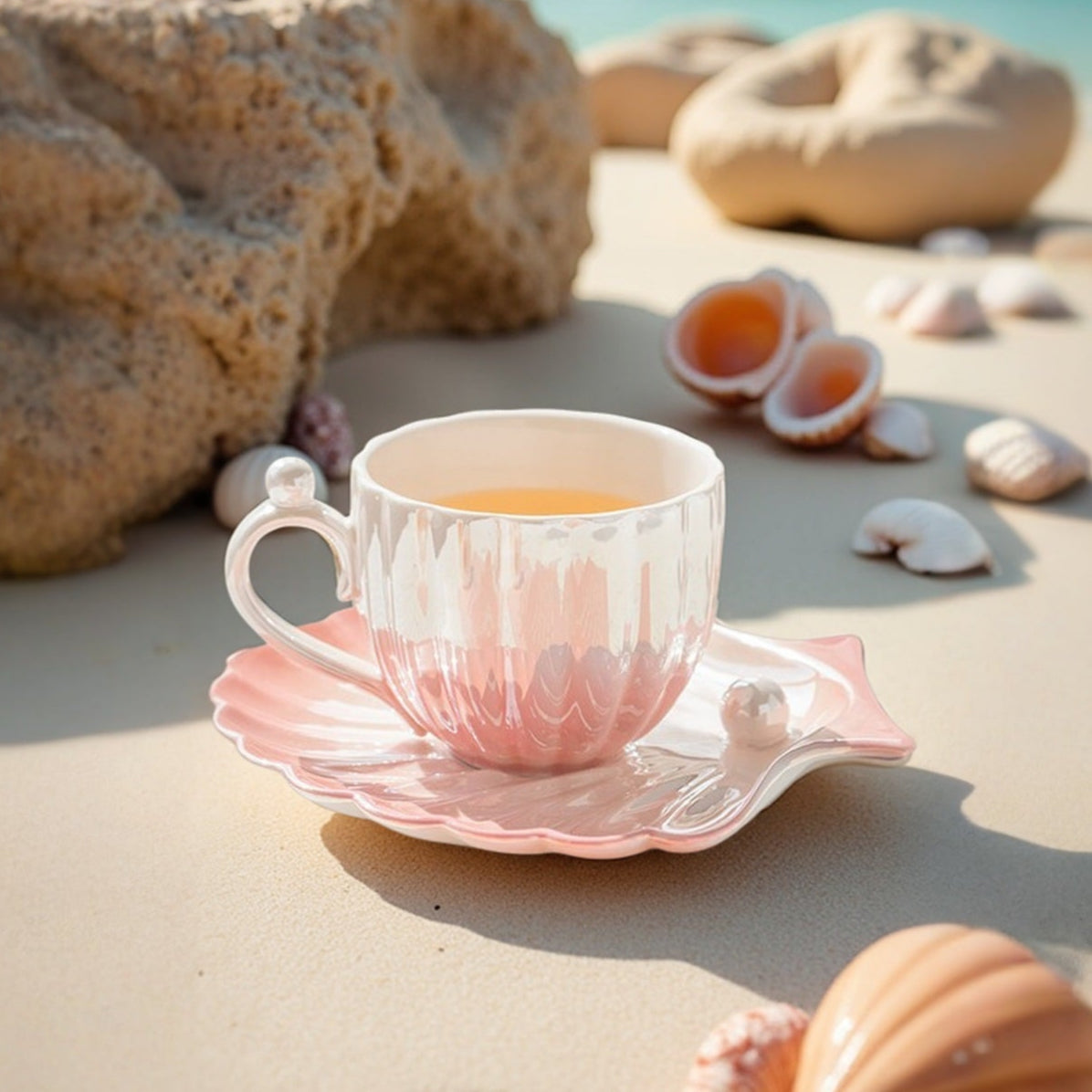 Mermaid-Inspired Tea Cup Set with Iridescent Shell Design – Ceramic Cup and Saucer Set for Coastal Elegance