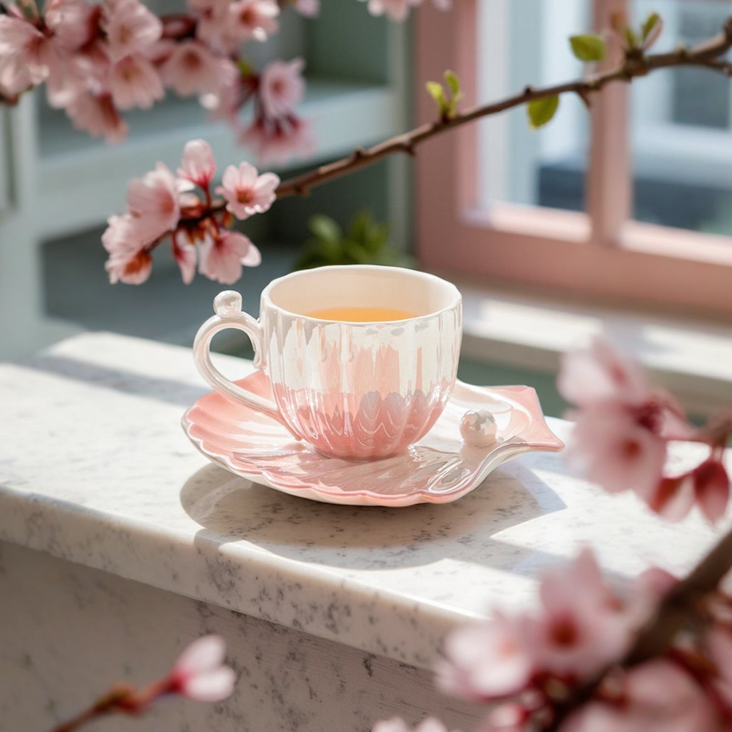 Mermaid-Inspired Tea Cup Set with Iridescent Shell Design – Ceramic Cup and Saucer Set for Coastal Elegance