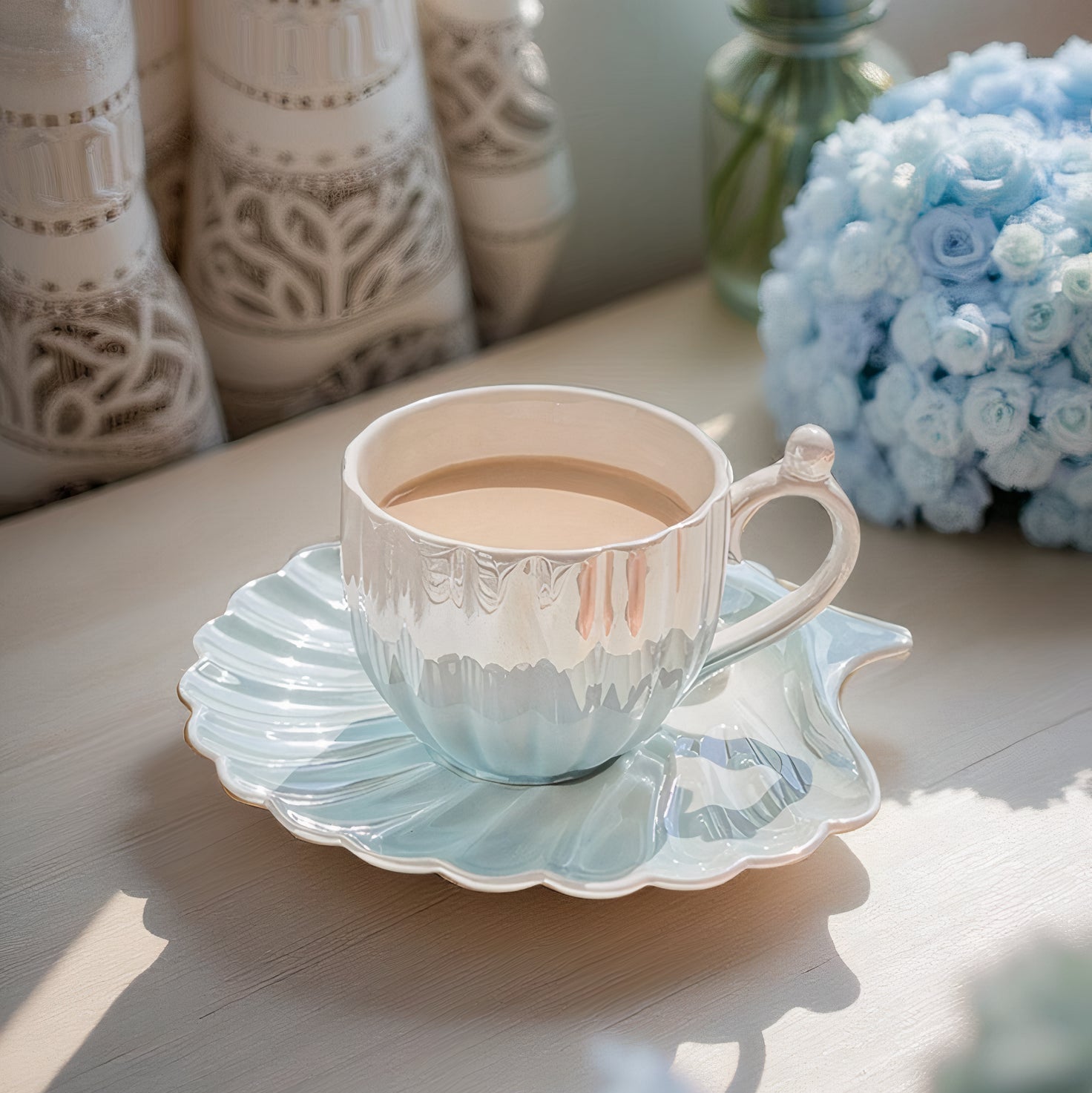 Mermaid-Inspired Tea Cup Set with Iridescent Shell Design – Ceramic Cup and Saucer Set for Coastal Elegance