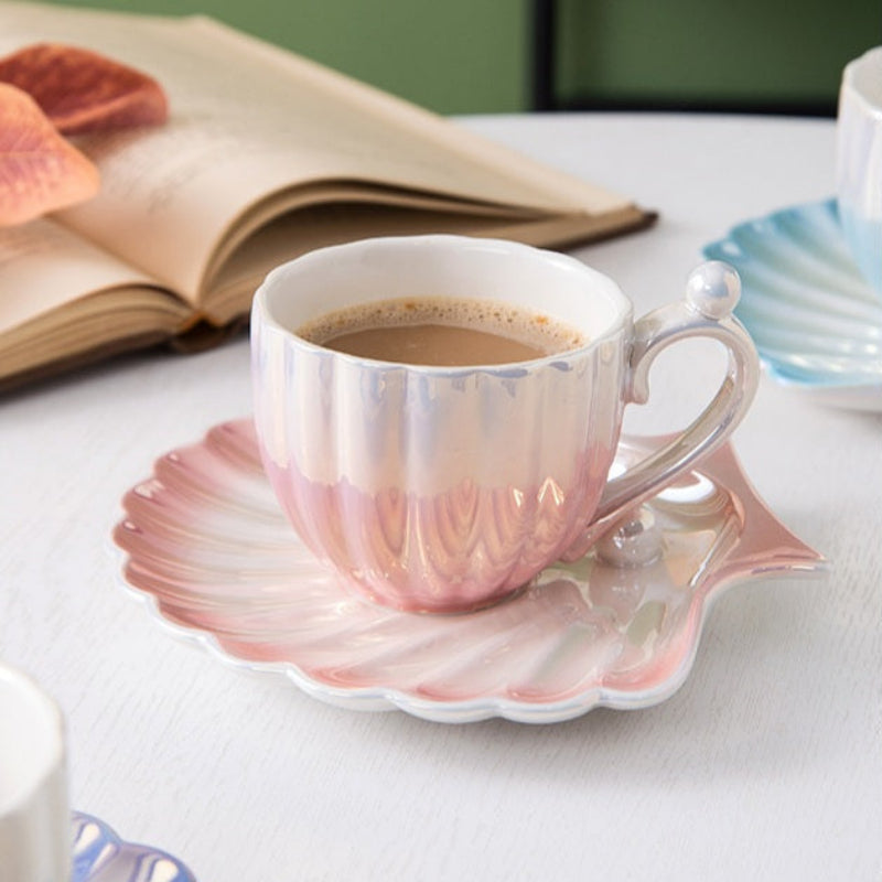 Mermaid-Inspired Tea Cup Set with Iridescent Shell Design – Ceramic Cup and Saucer Set for Coastal Elegance