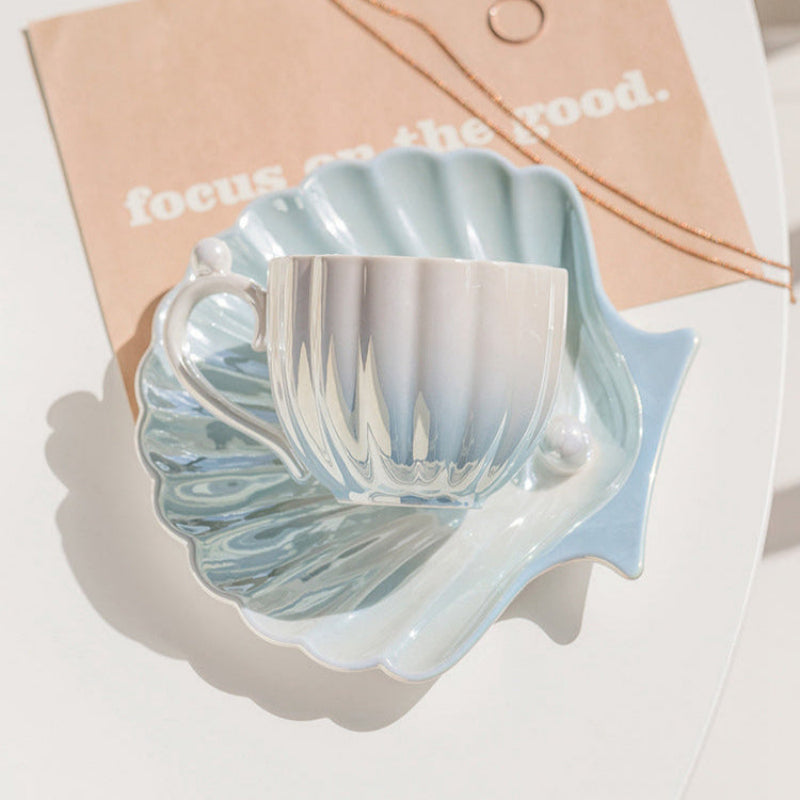 Mermaid-Inspired Tea Cup Set with Iridescent Shell Design – Ceramic Cup and Saucer Set for Coastal Elegance