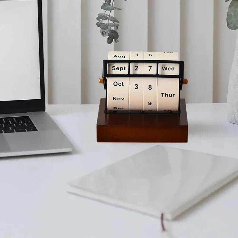 Desk Calendar Natural Wood Rotatable Block Perpetual Date Display