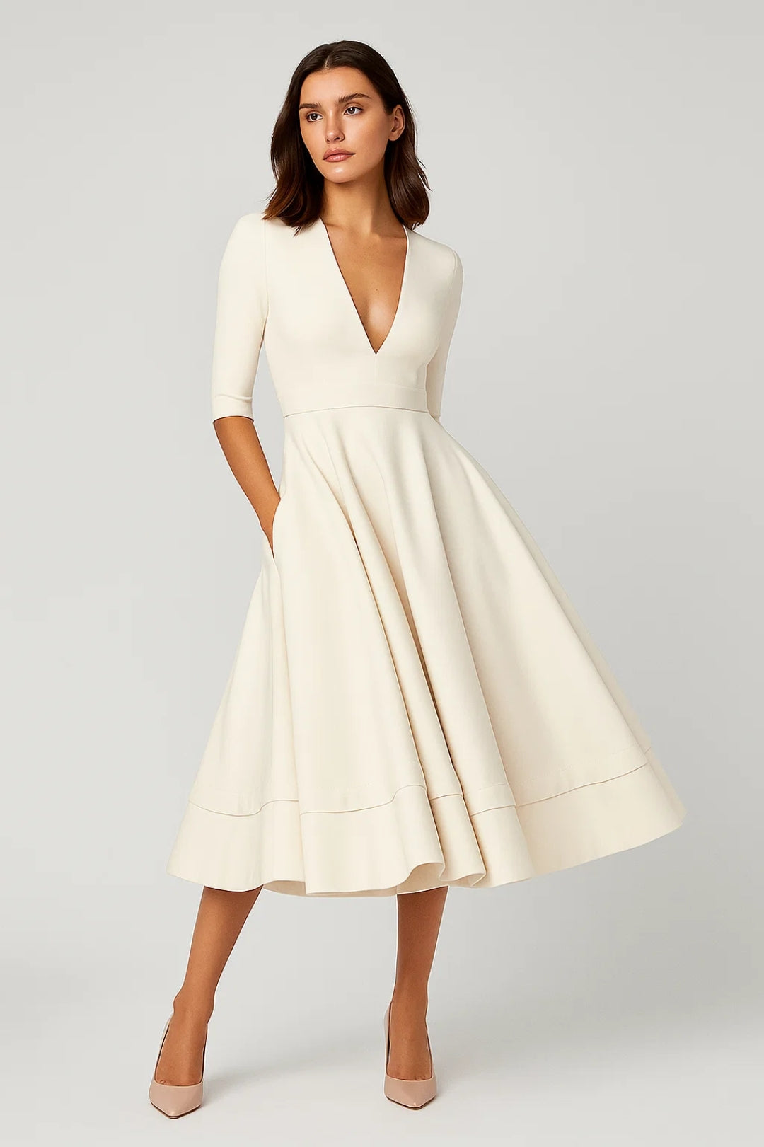 V Neck A Line Midi Dress with Side Pockets