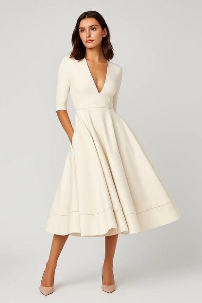 V Neck A Line Midi Dress with Side Pockets