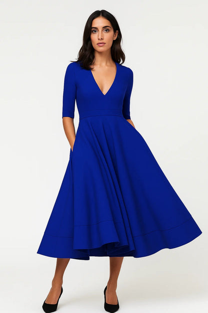V Neck A Line Midi Dress with Side Pockets