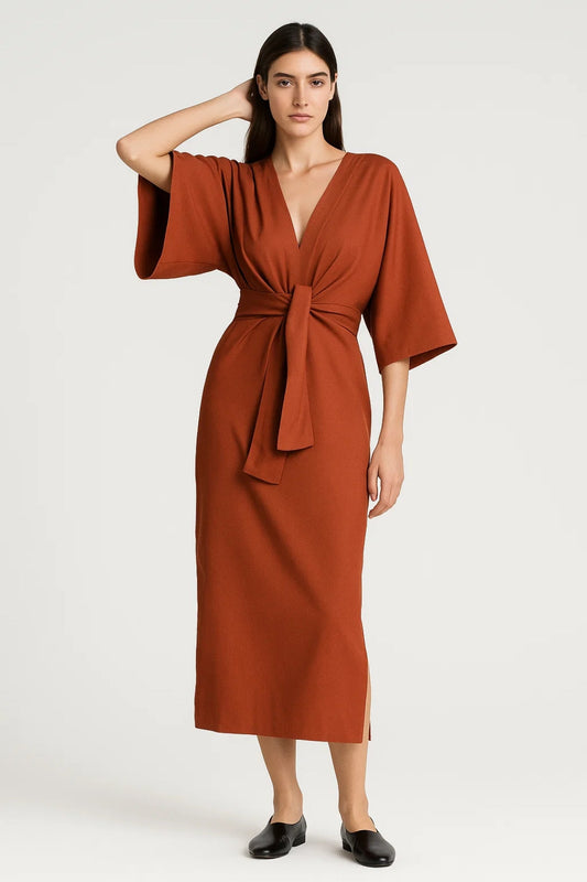 V Neck Midi Dress with Tie Waist and Flared Sleeves