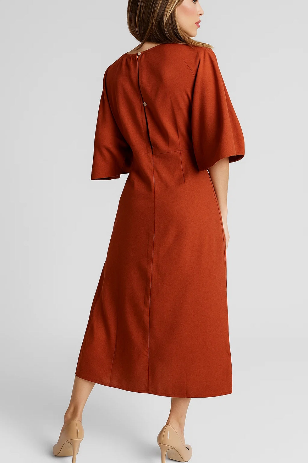 V Neck Midi Dress with Tie Waist and Flared Sleeves