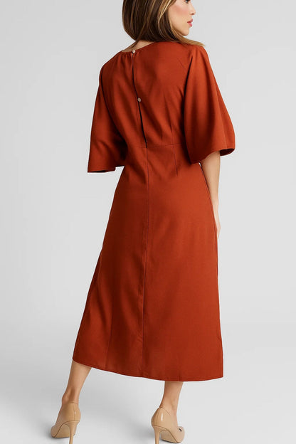 V Neck Midi Dress with Tie Waist and Flared Sleeves