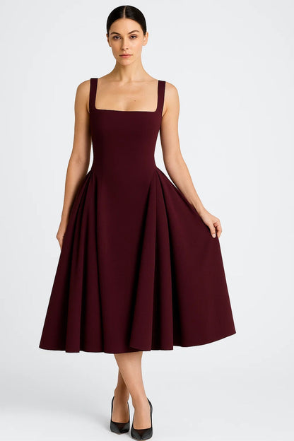 Square Neck Midi Dress with Pleated A Line Skirt