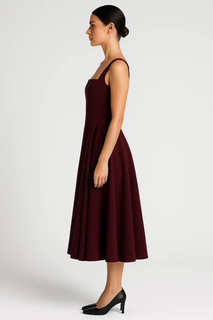 Square Neck Midi Dress with Pleated A Line Skirt