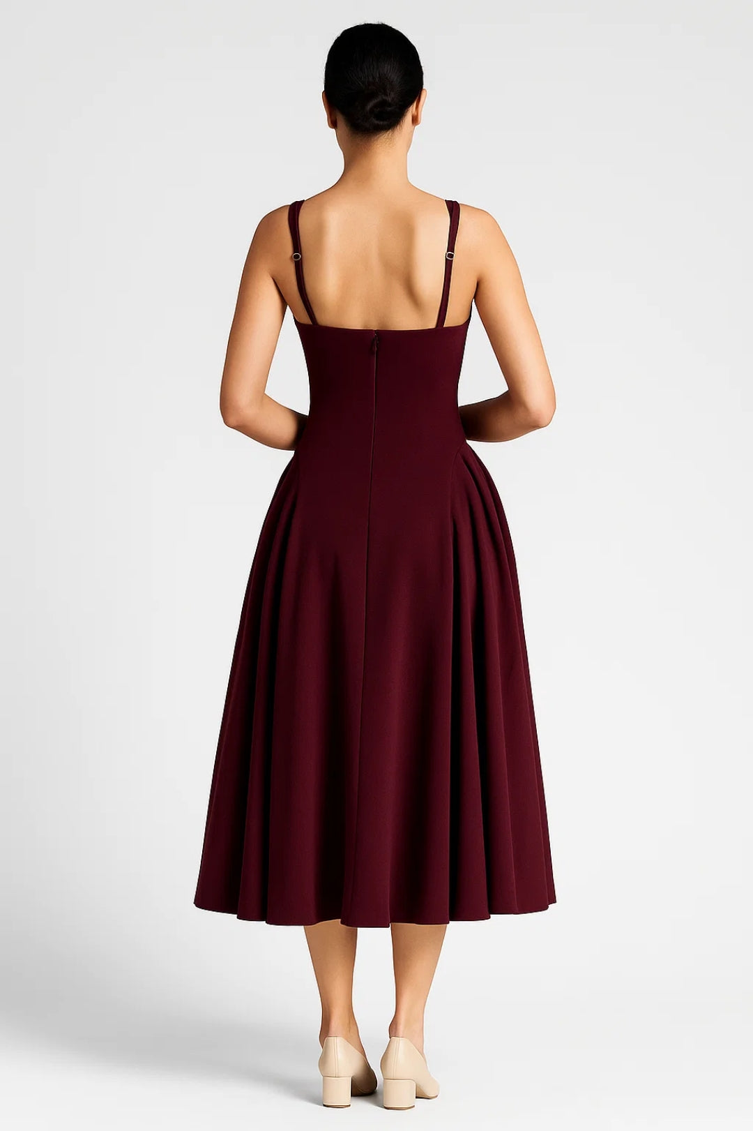 Square Neck Midi Dress with Pleated A Line Skirt